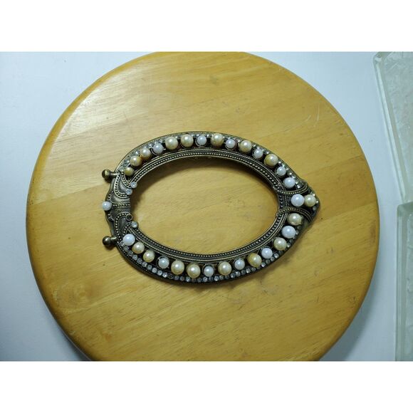 Vintage Sytle Metal Ornate Oval Frame Decorated in pearl and Crystal Accents - Picture 10 of 12